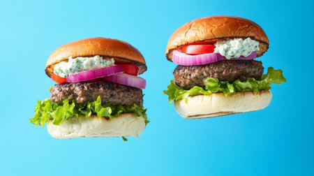 Two hamburgers with blue cheese and fresh vegetables on blue backgroundの素材