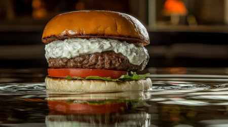 Burger with cream cheese and tomato on the background of the fireplaceの素材
