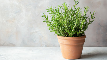 Fresh rosemary in clay pot on light background. Space for textの素材