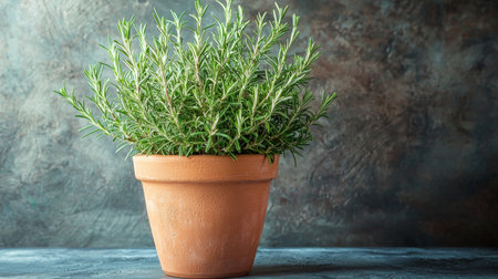Fresh rosemary in clay pot on grey textured background, closeupの素材