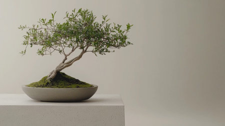 Bonsai tree in a pot on a white wall background.の素材