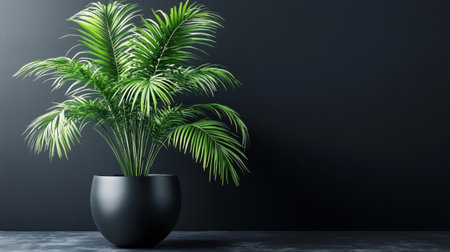 3d render of a black vase with a palm tree on a dark backgroundの素材