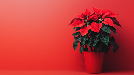 Christmas flower poinsettia in a pot on a red backgroundの素材