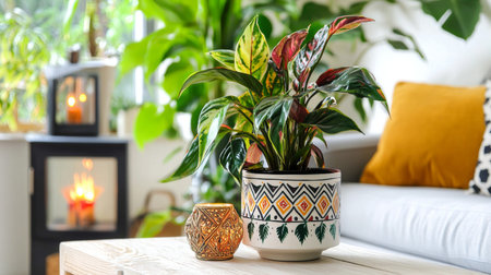 Beautiful houseplants in pots on wooden table in living roomの素材