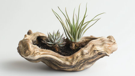 Succulent plant in a wooden pot isolated on white background.の素材