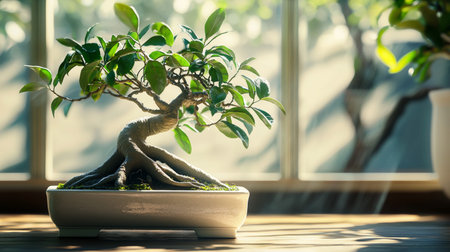 Bonsai tree in pot on wooden table near window, closeupの素材
