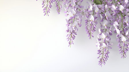 A Beautiful wisteria flowers in shades of purple hanging gracefully against light background, creating serene and calming atmosphereの素材