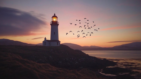 A serene lighthouse at sunset, surrounded by birds in flight, casting tranquil atmosphere over coastal landscapeの素材