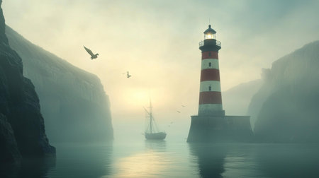 A serene lighthouse stands tall amidst foggy cliffs, with sailboat nearby and birds soaring in misty sky, creating tranquil coastal sceneの素材