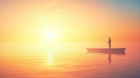 A serene fishing scene at sunrise, with lone fisherman in boat casting line into calm waters. soft colors of dawn create peaceful atmosphereの素材