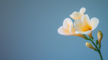 A Delicate white and yellow flowers bloom against soft blue background, creating serene and calming atmosphere. petals are gently illuminated, showcasing their beautyの素材