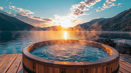 A serene hot tub overlooking tranquil lake at sunset, surrounded by mountains. steam rises gently, creating peaceful atmosphereの素材