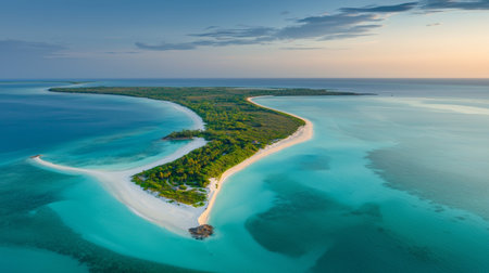 An Aerial view of tropical island with white sandy beaches and turquoise waters, surrounded by lush greenery and serene atmosphereの素材