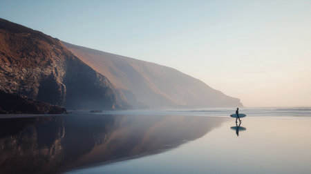 A serene surfer walks along tranquil beach at sunrise, reflecting on calm water. majestic cliffs create stunning backdrop, enhancing peaceful atmosphereの素材