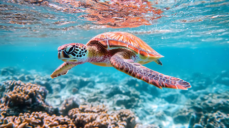 A sea turtle gracefully swims through clear turquoise waters, surrounded by vibrant coral reefs. scene captures beauty of marine life and tranquility of underwater explorationの素材