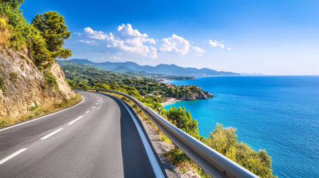 A scenic coastal road curves along shoreline, offering breathtaking views of ocean and mountains. vibrant blue water contrasts beautifully with greeneryの素材