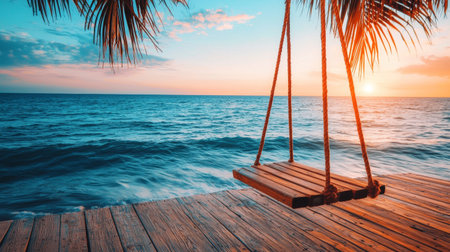 A serene beach scene featuring wooden swing on dock, with gentle waves and vibrant sunset. palm leaves frame view, creating tranquil atmosphereの素材