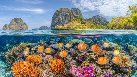 A Vibrant underwater scene showcasing colorful coral reefs and tropical fish in clear blue ocean. Lush greenery and rocky islands are visible above waterline, creating stunning natural landscapeの素材