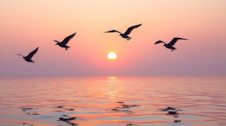 A Sunset over calm water with flying birds creating serene atmosphere. vibrant colors of sky reflect beautifully on water surface, enhancing tranquil sceneの素材
