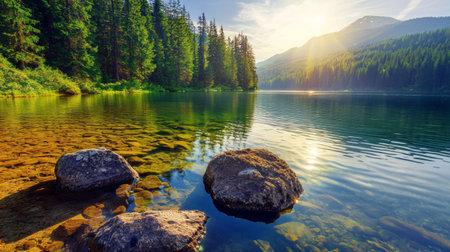 A serene lake surrounded by lush green trees and mountains, with sunlight reflecting on water surface and large rocks in foregroundの素材