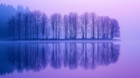 A serene landscape featuring row of trees reflected in calm lake, surrounded by mist and soft purple hues. tranquil scene evokes sense of peace and stillnessの素材