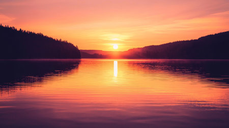 Sunset on the lake in the mountains. Beautiful nature background.の素材