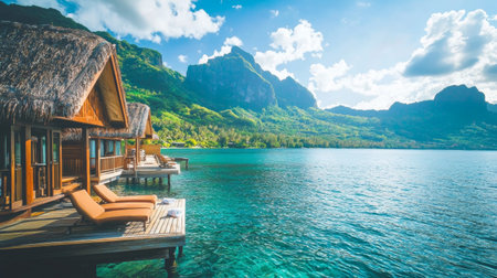 A Luxurious overwater bungalows on tropical island, surrounded by clear blue water and lush green mountains. perfect getaway for relaxation and tranquilityの素材