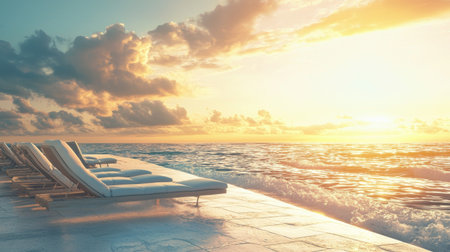 A Sunset over tranquil ocean with lounge chairs by water edge, creating serene atmosphere. warm colors of sky reflect on waves, inviting relaxationの素材