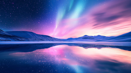 A stunning landscape featuring northern lights reflecting on serene lake, surrounded by mountains under starry sky. vibrant colors create magical atmosphereの素材