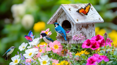 Colorful bird feeder in the garden with colorful flowers and butterfliesの素材