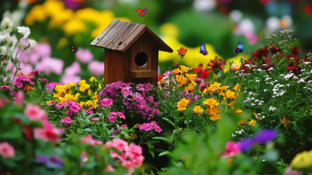 Wooden birdhouse and colorful flowers in the garden, selective focusの素材