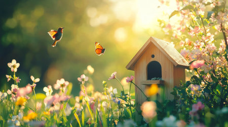 Birdhouse in the garden with blooming spring flowers and butterfly.の素材