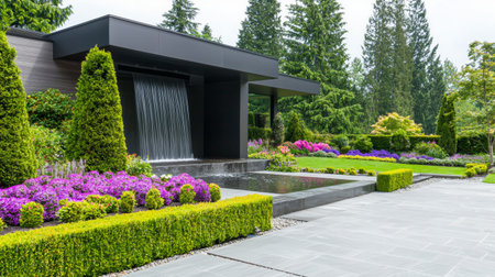 Modern house in the garden with beautiful landscaping and waterfall.の素材