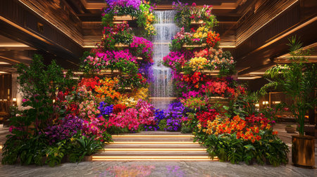 3D rendering of a luxury hotel lobby decorated with colorful flowers.の素材