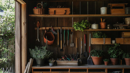 Gardening tools in a rustic wooden shed with plants and potsの素材