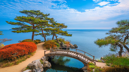 Pine tree and bridge on the sea coast in autumn season.の素材
