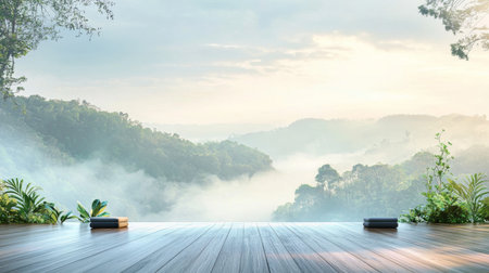 Wooden terrace with mountain view and fog in morning. 3d renderingの素材