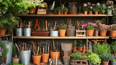 Gardening tools and flowers in pots on shelves in garden shopの素材