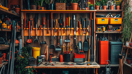 Gardening tools on shelf in garden shop. Gardening conceptの素材