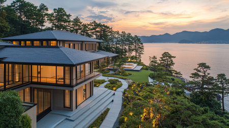 Sunset view of the lake and villas in Hangzhou, Chinaの素材