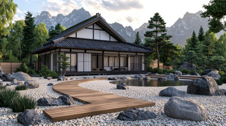 3D rendering of a beautiful Japanese garden with a lake and mountains in the backgroundの素材