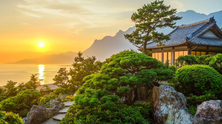 Beautiful sunset at the sea in the Japanese garden, Japan.の素材