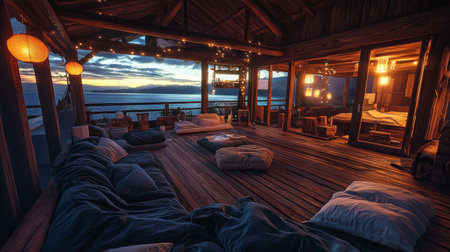 Wooden house in the mountains at sunset. 3D rendering.の素材