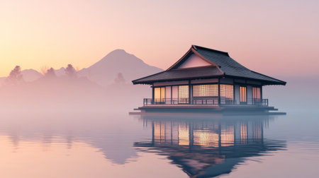 pavilion on the lake at sunrise, chinese style.の素材