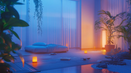 Interior of modern living room with green plants, carpet and candles. 3D renderingの素材