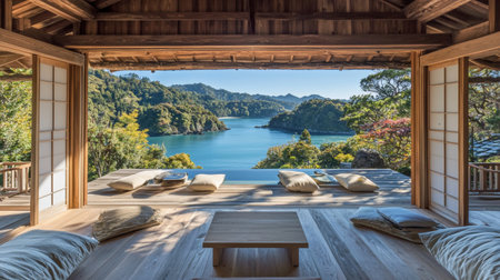 Wooden terrace with a view of the lake and mountains.の素材
