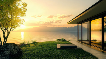 3d rendering of modern house on the beach with sea view and sunsetの素材
