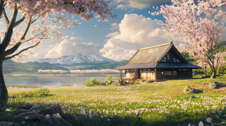 Spring landscape with blooming sakura and wooden house on the lake.の素材