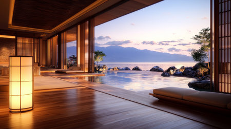 Luxury swimming pool in the evening.3d rendering.の素材