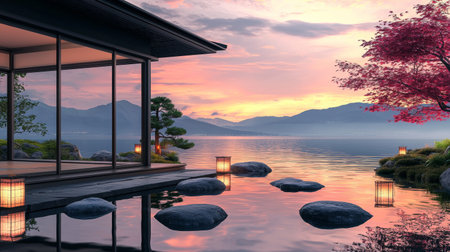 3d rendering of modern cozy house with pool and parking for sale or rent with beautiful nature view in the background.の素材